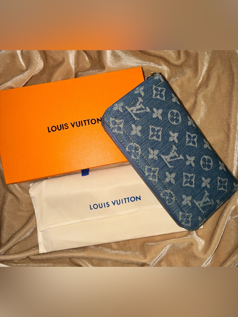 Blue Denim Monogram Zip Wallet with Gold-Tone Pull LV